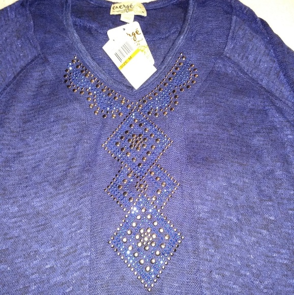 One World Heather Blue and Black Embellished High/Low Knitted Lightweigh Sweater - Picture 3 of 6
